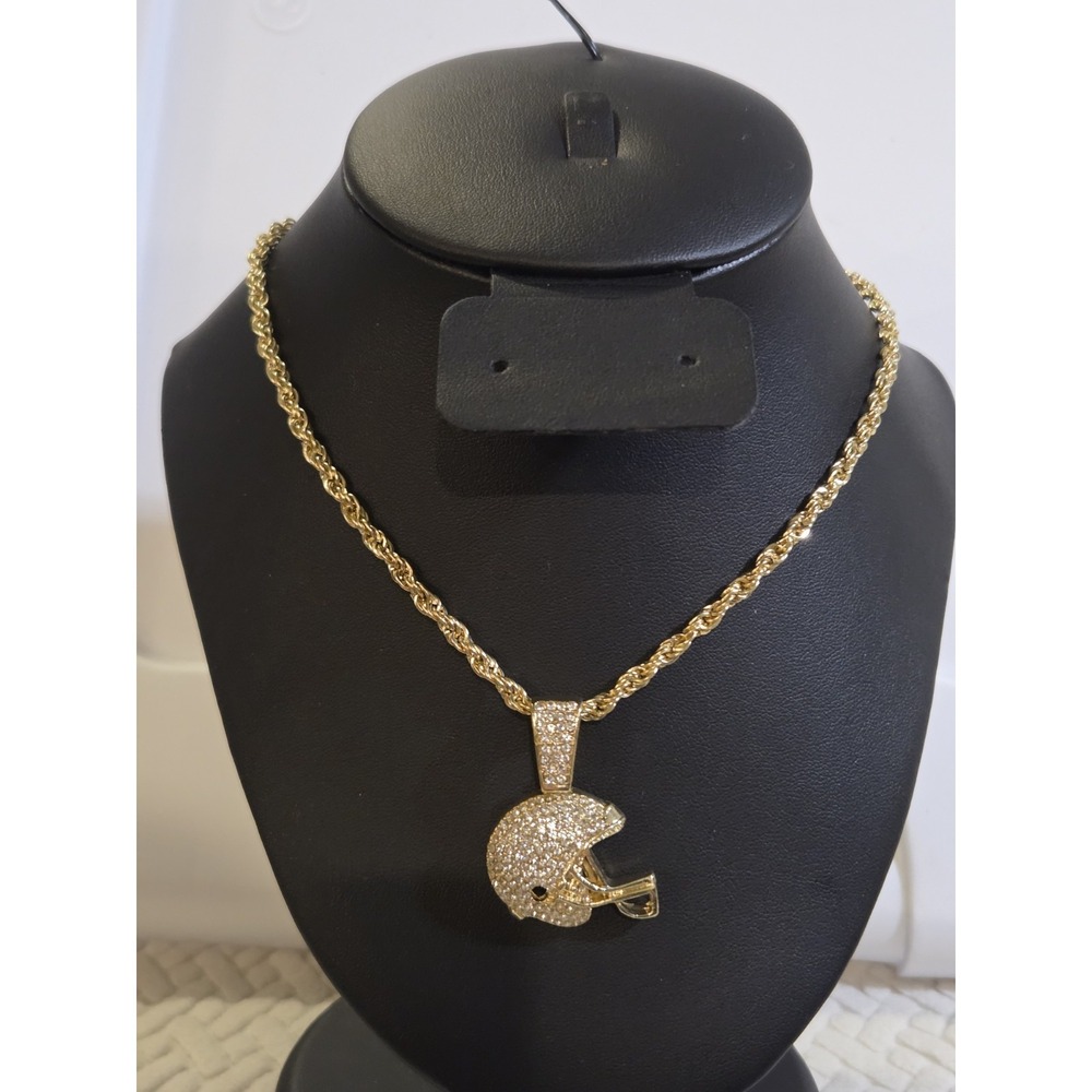 Iced Cz‎ 14k Gold Plated Football Player Helmet Pendant 24 Rope Chain Necklace - Picture 2 of 9